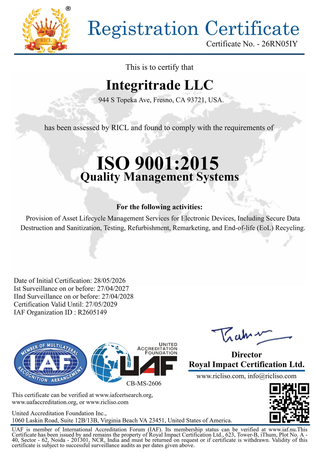 Royal Impact Certification Ltd. ISO 9001 Certificate